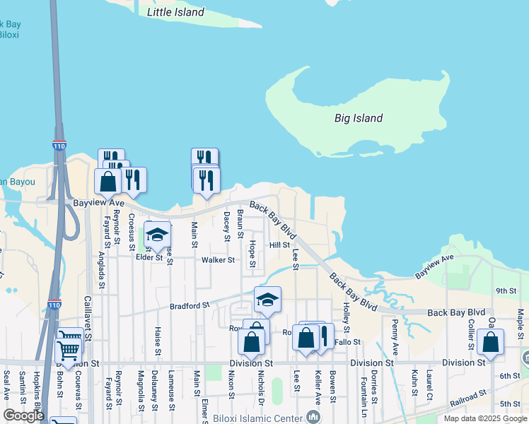 map of restaurants, bars, coffee shops, grocery stores, and more near 615-621 Back Bay Boulevard in Biloxi