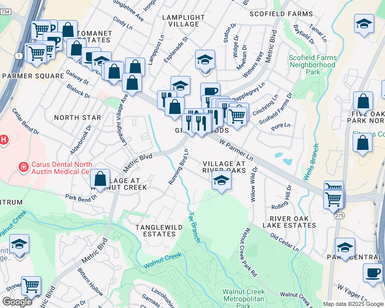 map of restaurants, bars, coffee shops, grocery stores, and more near 1710 Shadowview Drive in Austin