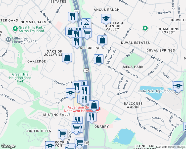 map of restaurants, bars, coffee shops, grocery stores, and more near 9 Research Boulevard in Austin