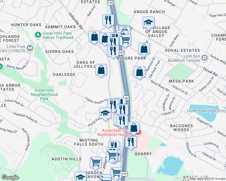 map of restaurants, bars, coffee shops, grocery stores, and more near 11301 Jollyville Road in Austin