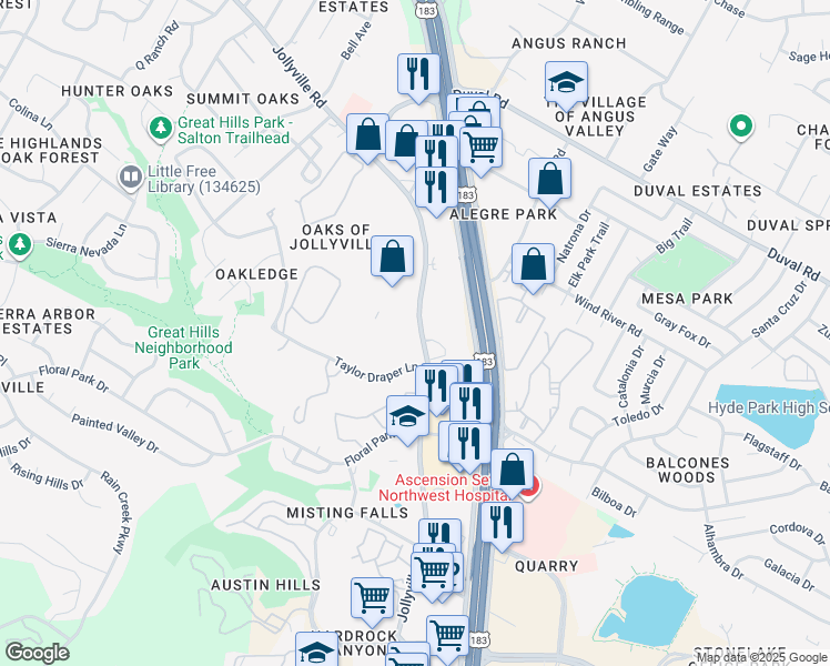 map of restaurants, bars, coffee shops, grocery stores, and more near 11301 Jollyville Road in Austin