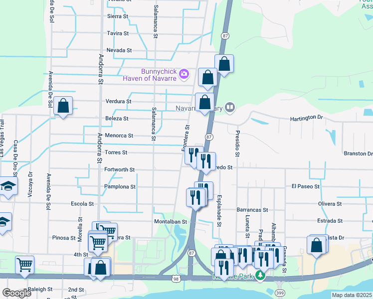 map of restaurants, bars, coffee shops, grocery stores, and more near 2100 Frontera Street in Navarre
