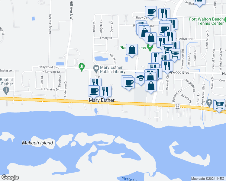 map of restaurants, bars, coffee shops, grocery stores, and more near 30 Roserita Place in Mary Esther