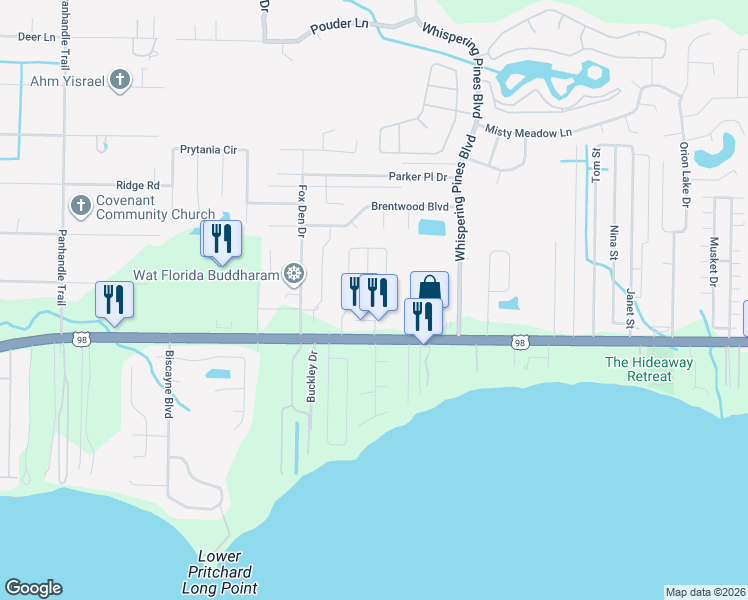 map of restaurants, bars, coffee shops, grocery stores, and more near 2124 Hillary Lane in Navarre