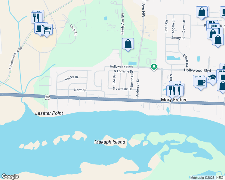 map of restaurants, bars, coffee shops, grocery stores, and more near 271 South Lorraine Drive in Mary Esther
