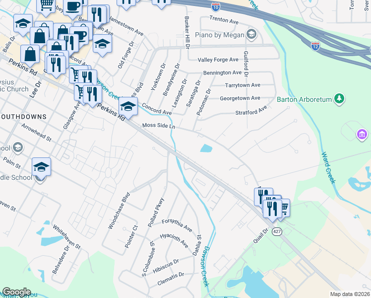 map of restaurants, bars, coffee shops, grocery stores, and more near 5574 Moss Side Lane in Baton Rouge