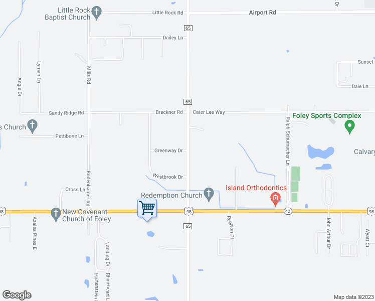 map of restaurants, bars, coffee shops, grocery stores, and more near 17898 Greenway Drive in Foley