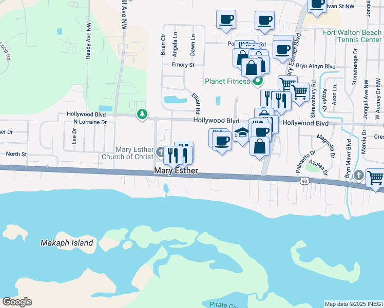 map of restaurants, bars, coffee shops, grocery stores, and more near 24 Roserita Place in Mary Esther