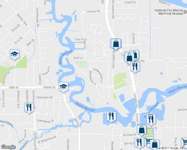 map of restaurants, bars, coffee shops, grocery stores, and more near 98 Shady Oaks in Gulfport