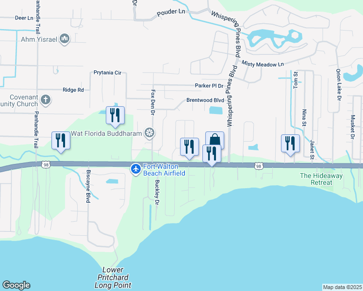 map of restaurants, bars, coffee shops, grocery stores, and more near 2125 Hillary Lane in Navarre