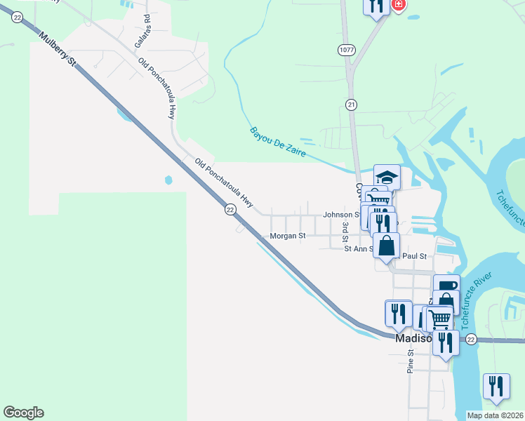 map of restaurants, bars, coffee shops, grocery stores, and more near 800 Johnson Street in Madisonville