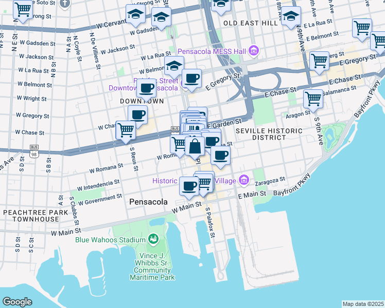 map of restaurants, bars, coffee shops, grocery stores, and more near 21 West Romana Street in Pensacola