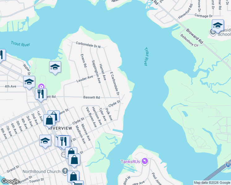map of restaurants, bars, coffee shops, grocery stores, and more near 9428 East Carbondale Drive in Jacksonville