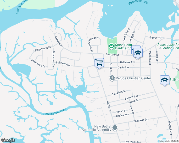map of restaurants, bars, coffee shops, grocery stores, and more near 4848 Devon Street in Moss Point