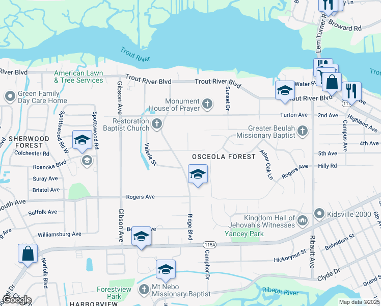 map of restaurants, bars, coffee shops, grocery stores, and more near 3736 Rose Street in Jacksonville