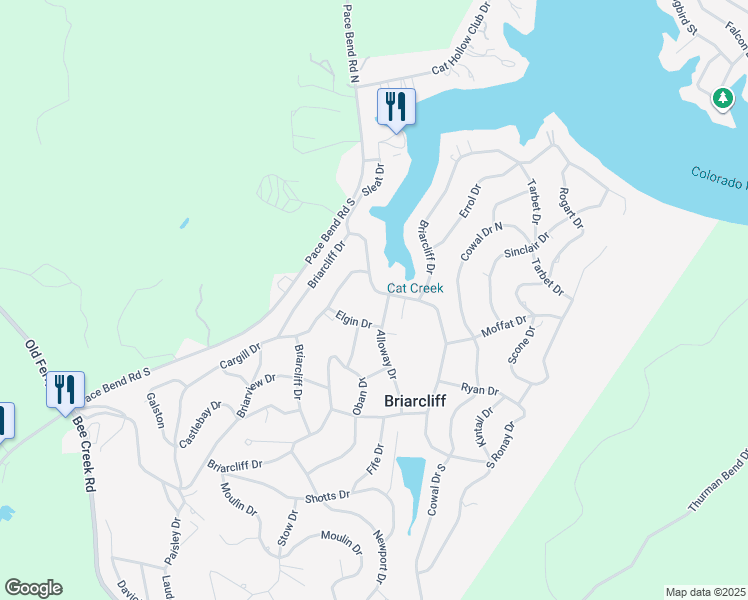 map of restaurants, bars, coffee shops, grocery stores, and more near 22107 Briarcliff Drive in Briarcliff