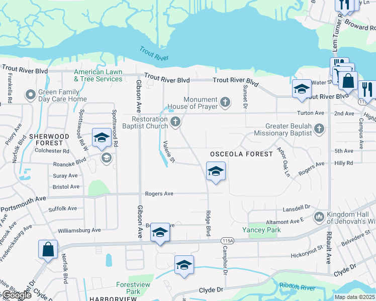 map of restaurants, bars, coffee shops, grocery stores, and more near 9564 Ridge Boulevard in Jacksonville