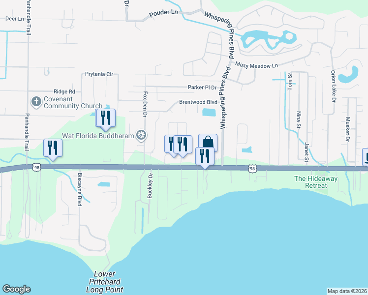 map of restaurants, bars, coffee shops, grocery stores, and more near 2124 Hillary Lane in Navarre