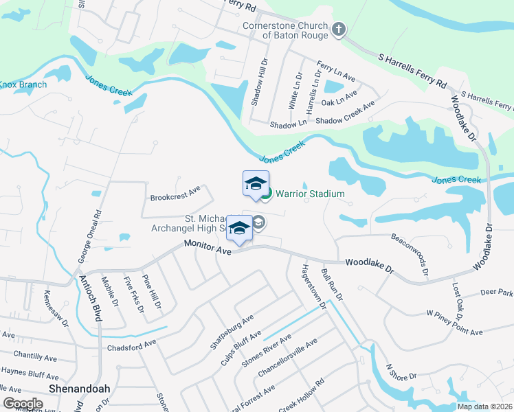 map of restaurants, bars, coffee shops, grocery stores, and more near 17521 Monitor Avenue in Baton Rouge