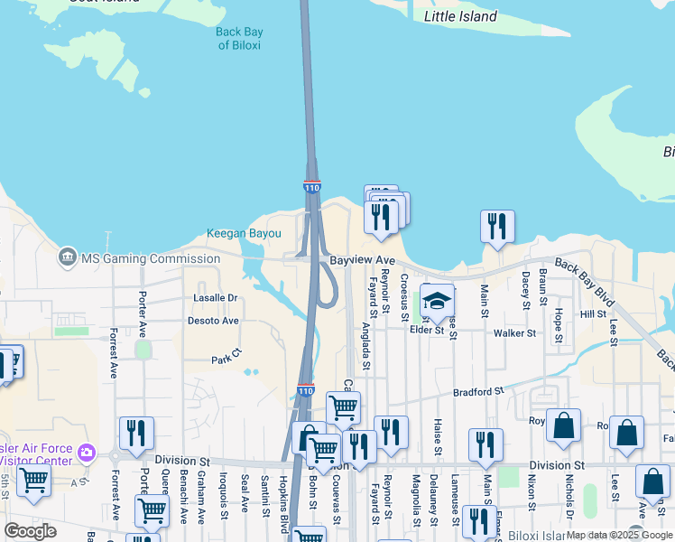 map of restaurants, bars, coffee shops, grocery stores, and more near Bayview Avenue in Biloxi