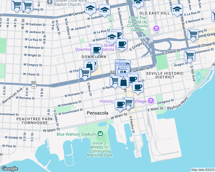 map of restaurants, bars, coffee shops, grocery stores, and more near 124 West Romana Street in Pensacola