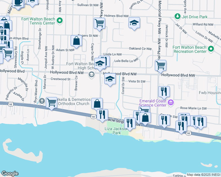 map of restaurants, bars, coffee shops, grocery stores, and more near 7 Wright Parkway Southwest in Fort Walton Beach
