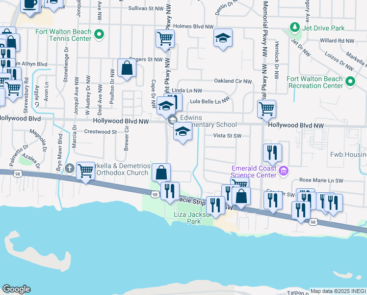 map of restaurants, bars, coffee shops, grocery stores, and more near 7 Wright Parkway Southwest in Fort Walton Beach