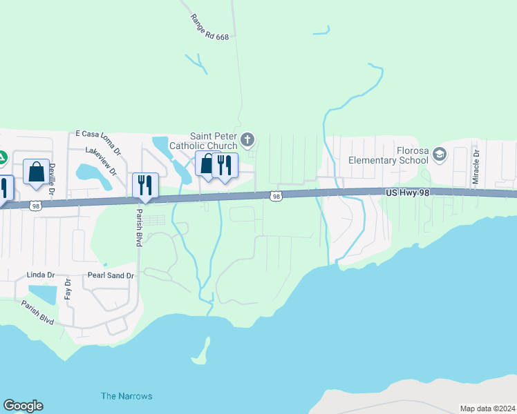 map of restaurants, bars, coffee shops, grocery stores, and more near 858 Solimar Way in Mary Esther