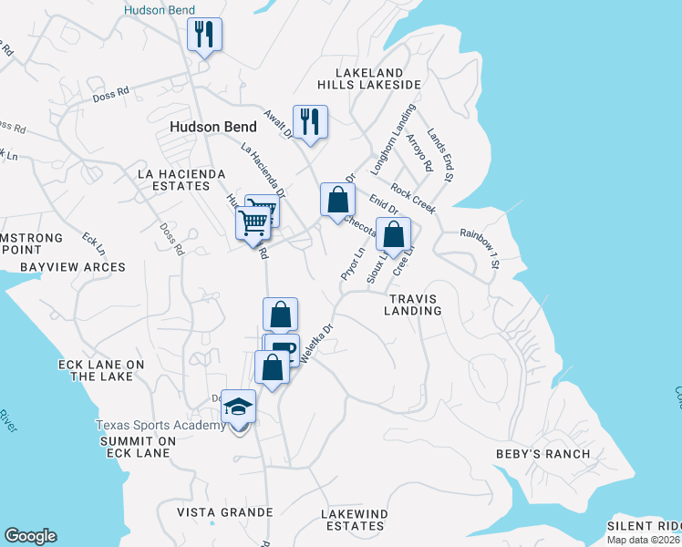 map of restaurants, bars, coffee shops, grocery stores, and more near 5010 Pryor Lane in Austin