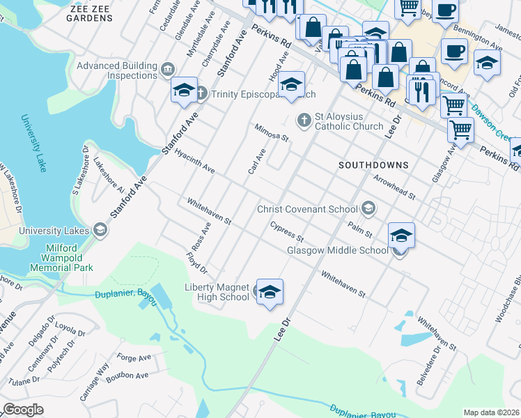 map of restaurants, bars, coffee shops, grocery stores, and more near 1556 Aberdeen Avenue in Baton Rouge