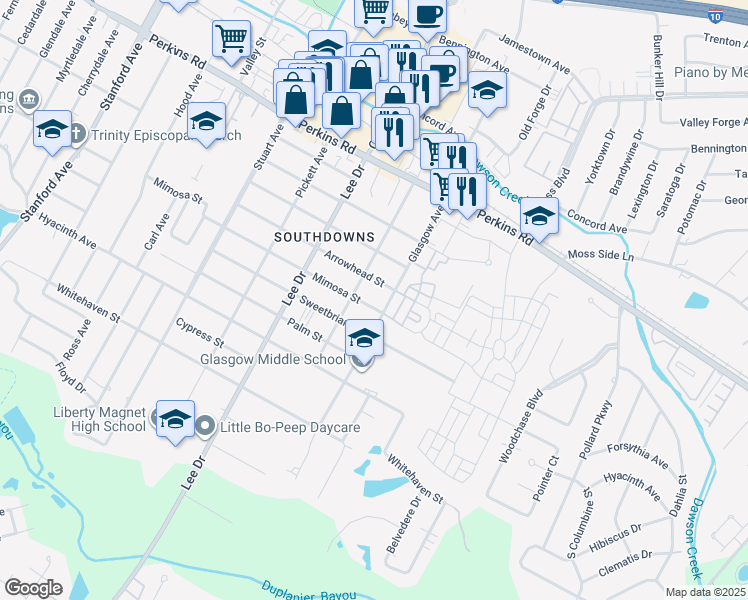 map of restaurants, bars, coffee shops, grocery stores, and more near 4761 Mimosa Street in Baton Rouge