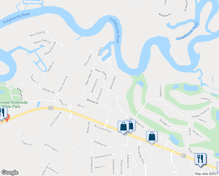 map of restaurants, bars, coffee shops, grocery stores, and more near 354 Marina Boulevard in Mandeville