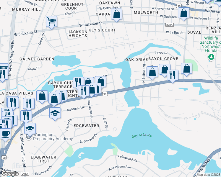 map of restaurants, bars, coffee shops, grocery stores, and more near 3704 West Navy Boulevard in Pensacola