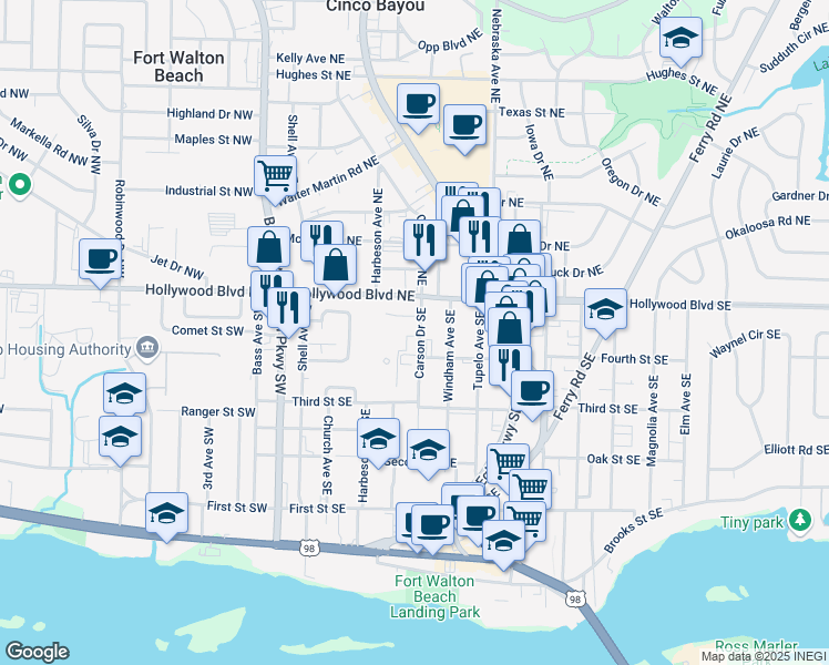 map of restaurants, bars, coffee shops, grocery stores, and more near 19 Methodist Avenue Southeast in Fort Walton Beach