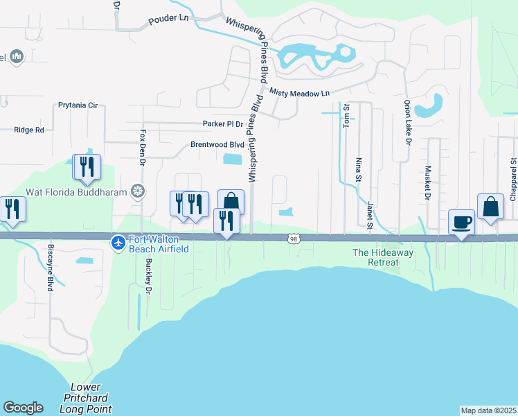 map of restaurants, bars, coffee shops, grocery stores, and more near 2121 Bellmead Circle in Navarre