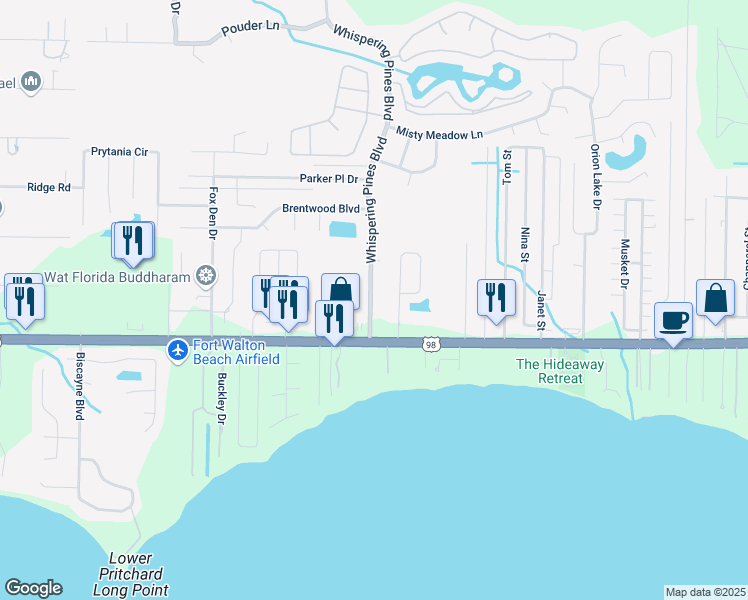 map of restaurants, bars, coffee shops, grocery stores, and more near 2121 Bellmead Circle in Navarre