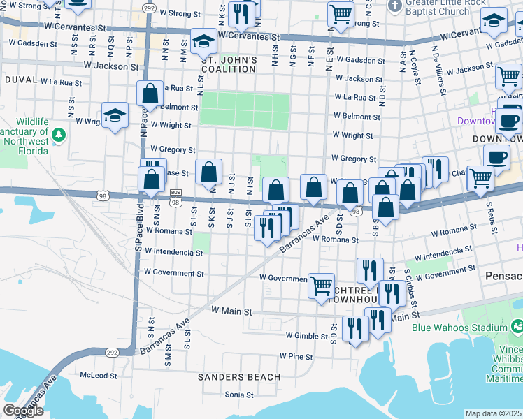 map of restaurants, bars, coffee shops, grocery stores, and more near 7 South H Street in Pensacola