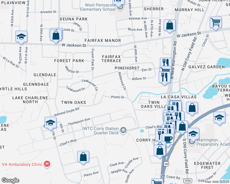 map of restaurants, bars, coffee shops, grocery stores, and more near 4972 Prieto Drive in Pensacola