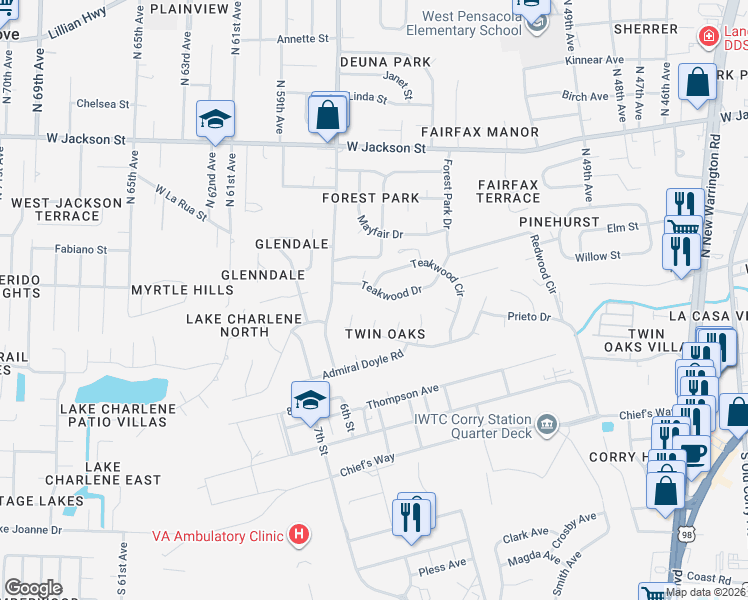 map of restaurants, bars, coffee shops, grocery stores, and more near 6 Billingsley Place in Pensacola