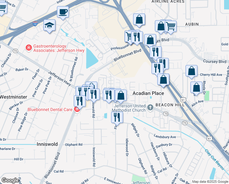 map of restaurants, bars, coffee shops, grocery stores, and more near 4196 Jefferson Woods Drive in Baton Rouge