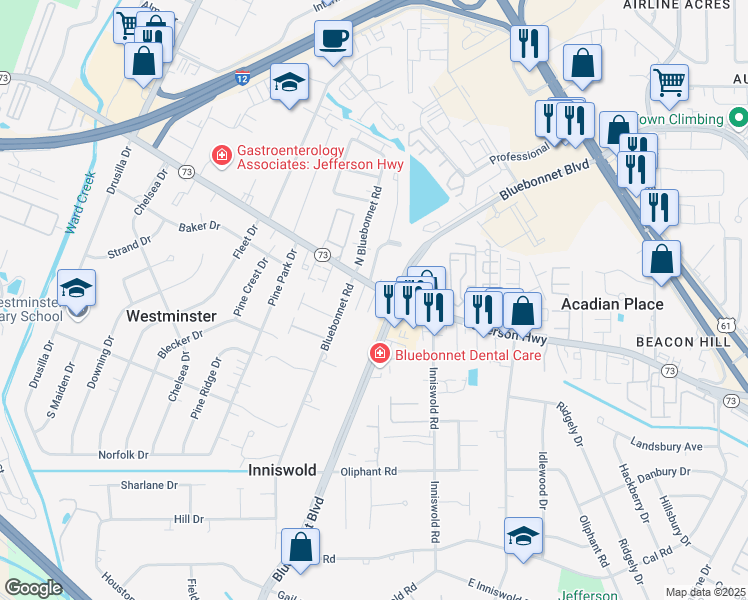 map of restaurants, bars, coffee shops, grocery stores, and more near 9456 Jefferson Highway in Baton Rouge