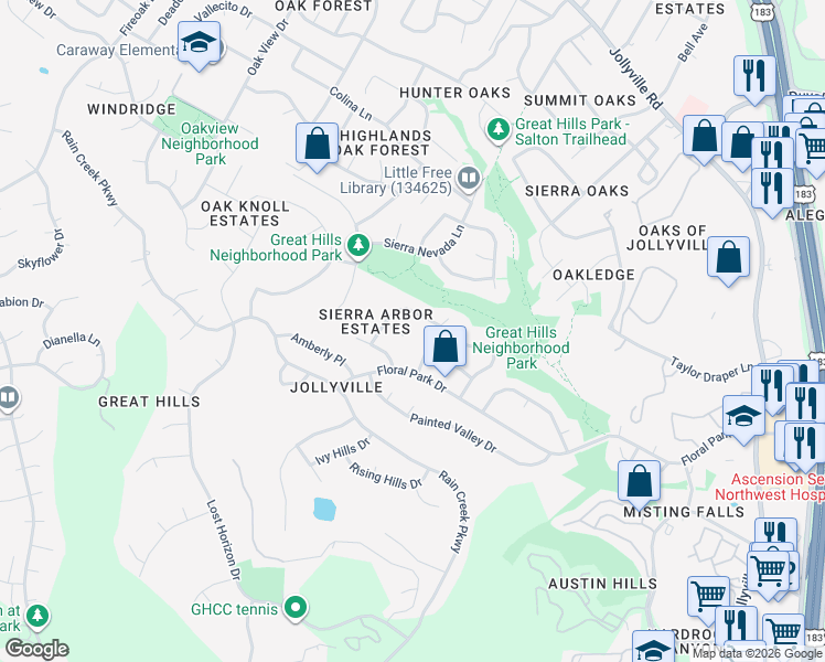 map of restaurants, bars, coffee shops, grocery stores, and more near 10700 Bull Ridge Drive in Austin