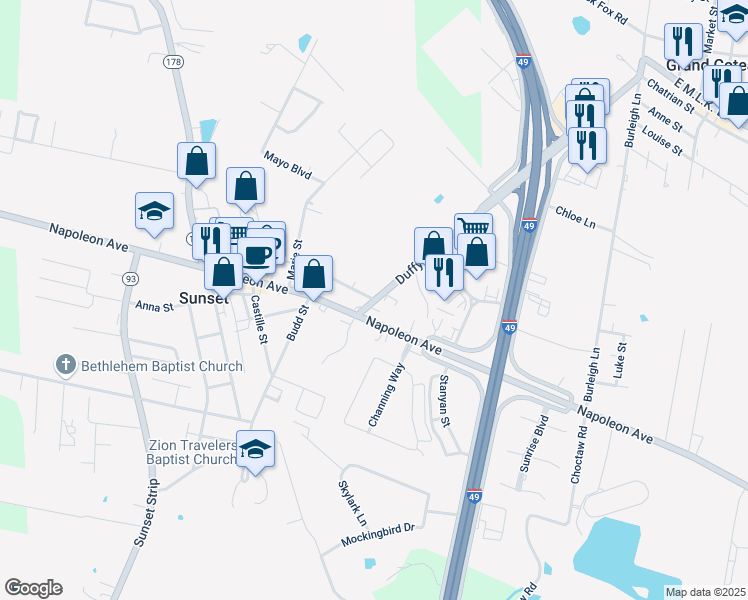 map of restaurants, bars, coffee shops, grocery stores, and more near 298 Duffy Ave in Sunset