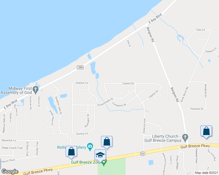 map of restaurants, bars, coffee shops, grocery stores, and more near 5812 Congress Court in Gulf Breeze