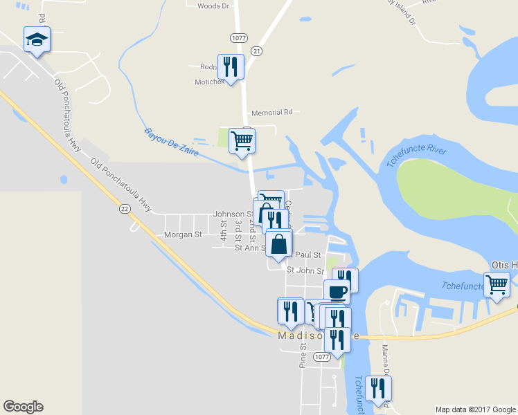 map of restaurants, bars, coffee shops, grocery stores, and more near 153 Highway 1077 in Madisonville