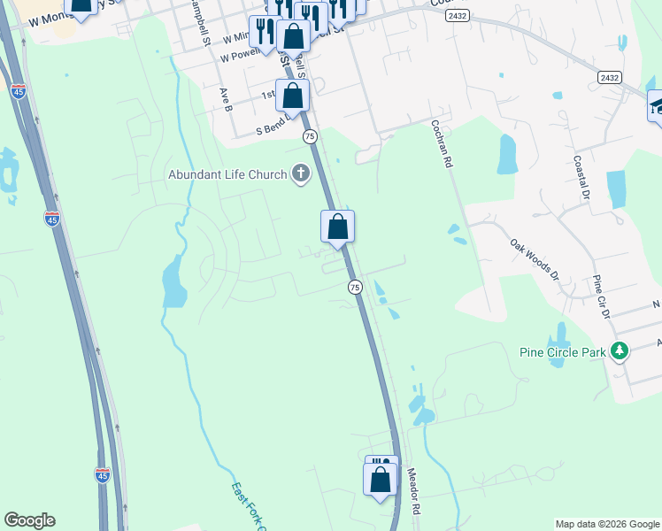 map of restaurants, bars, coffee shops, grocery stores, and more near 11881 State Highway 75 North in Willis