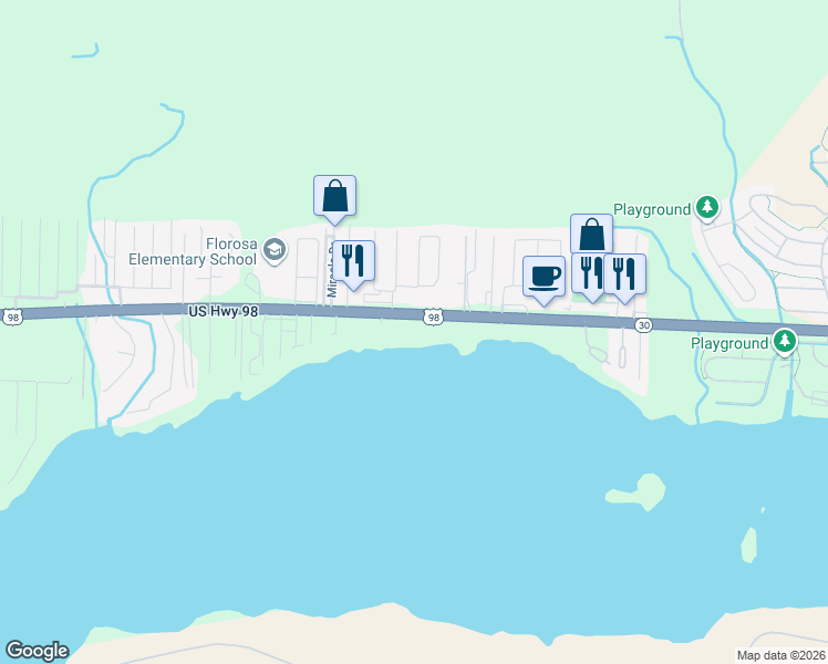 map of restaurants, bars, coffee shops, grocery stores, and more near 1553 U.S. 98 in Mary Esther