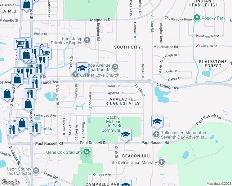 map of restaurants, bars, coffee shops, grocery stores, and more near 826 Apache Street in Tallahassee
