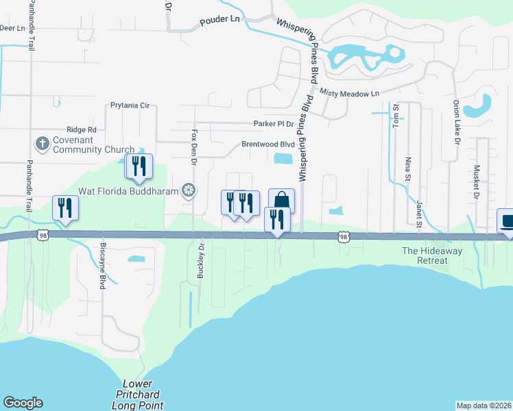 map of restaurants, bars, coffee shops, grocery stores, and more near 2257 Estate Circle in Navarre