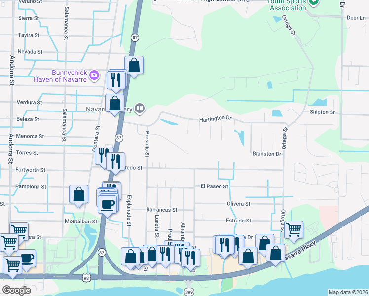 map of restaurants, bars, coffee shops, grocery stores, and more near 8598 Wilburn Cove in Navarre